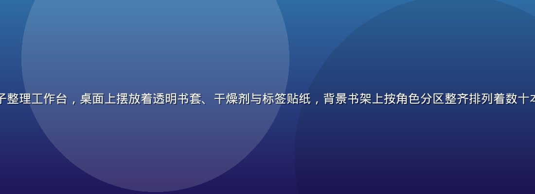 专业收藏者的原神本子整理工作台，桌面上摆放着透明书套、干燥剂与标签贴纸，背景书架上按角色分区整齐排列着数十本原神本子，整洁有序